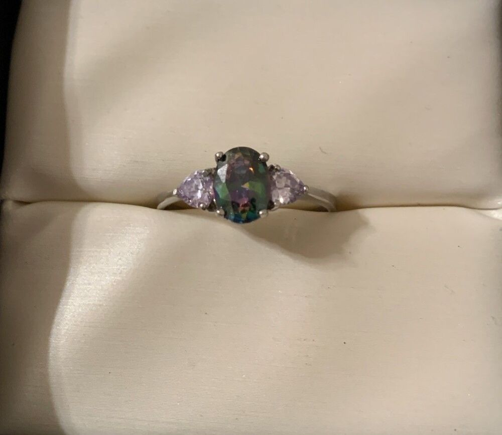 Vintage Sterling Silver Mystic Topaz Cocktail Ring Sz 9 Oval CZ Heart 925